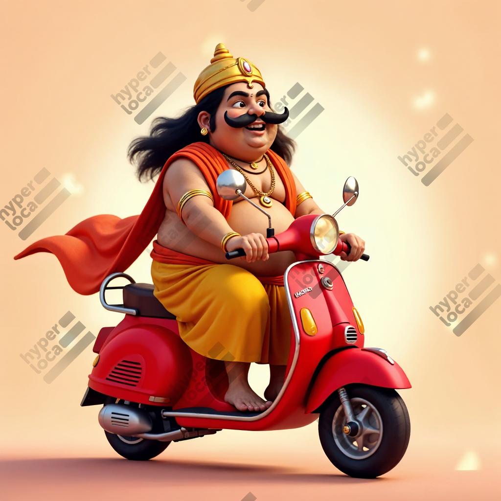 Cartoon Maveli Riding Red Scooter Digital Illustration
